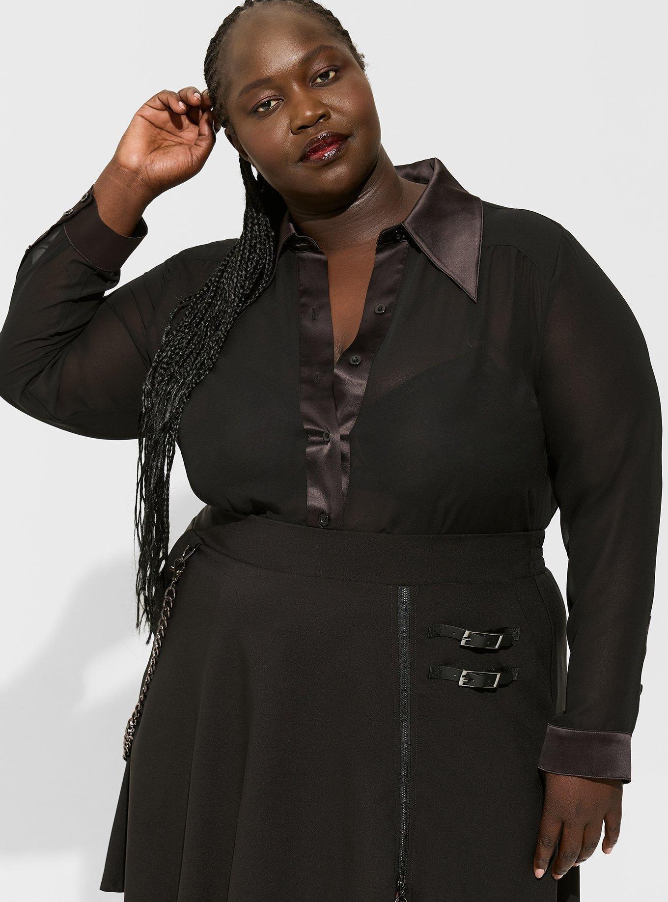 Chiffon Satin Collar Button Up Blouse, DEEP BLACK, hi-res