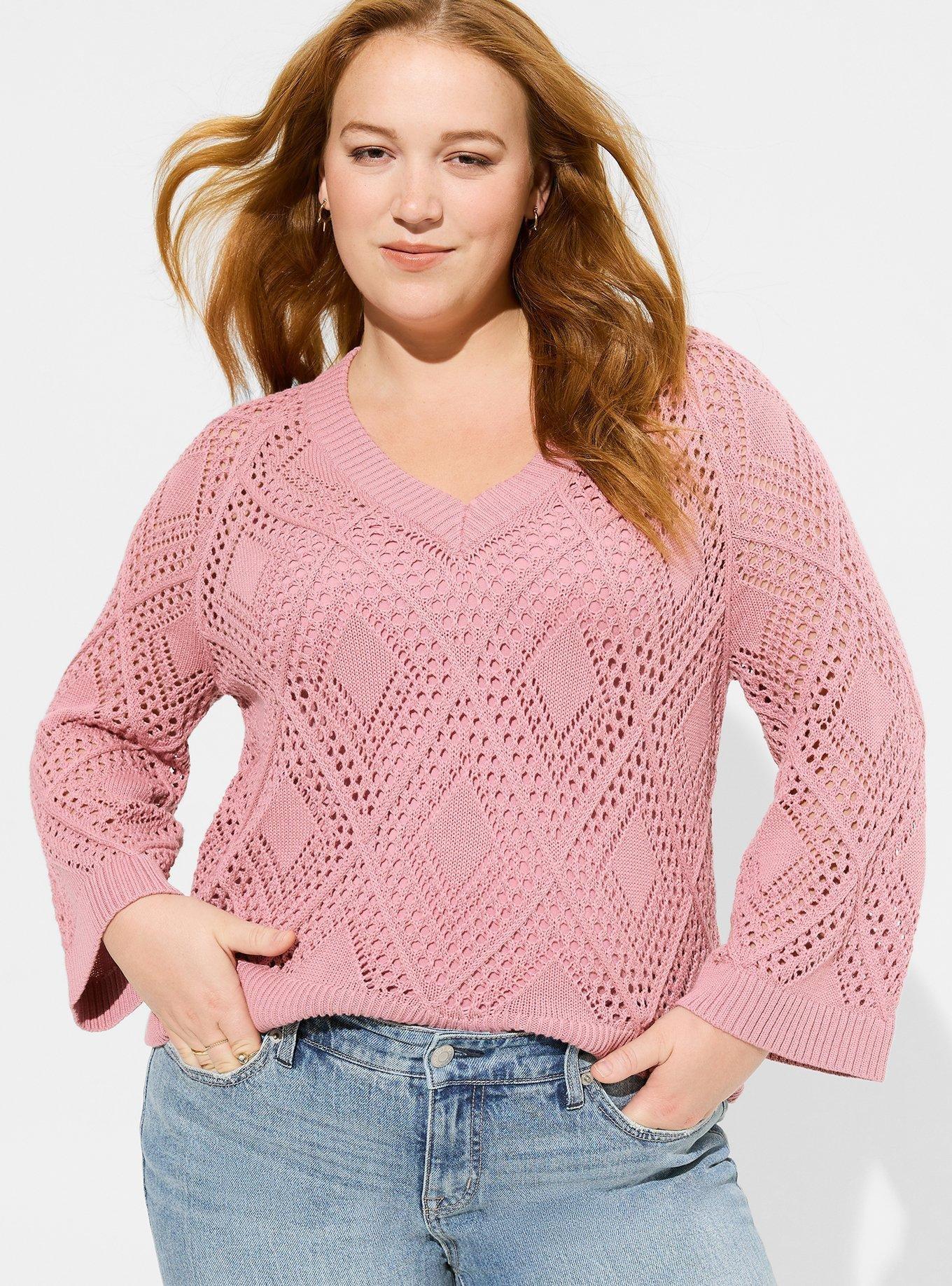 Pointelle Pullover V-Neck Sweater, FOXGLOVE, alternate