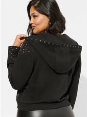 Plus Size Cozy Fleece Oversized Hood Studded Zip Front Jacket, DEEP BLACK, alternate