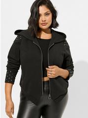 Plus Size Cozy Fleece Oversized Hood Studded Zip Front Jacket, DEEP BLACK, hi-res