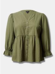 Plus Size Cotton Button Up Blouson Long Sleeve Top, OLIVINE, hi-res