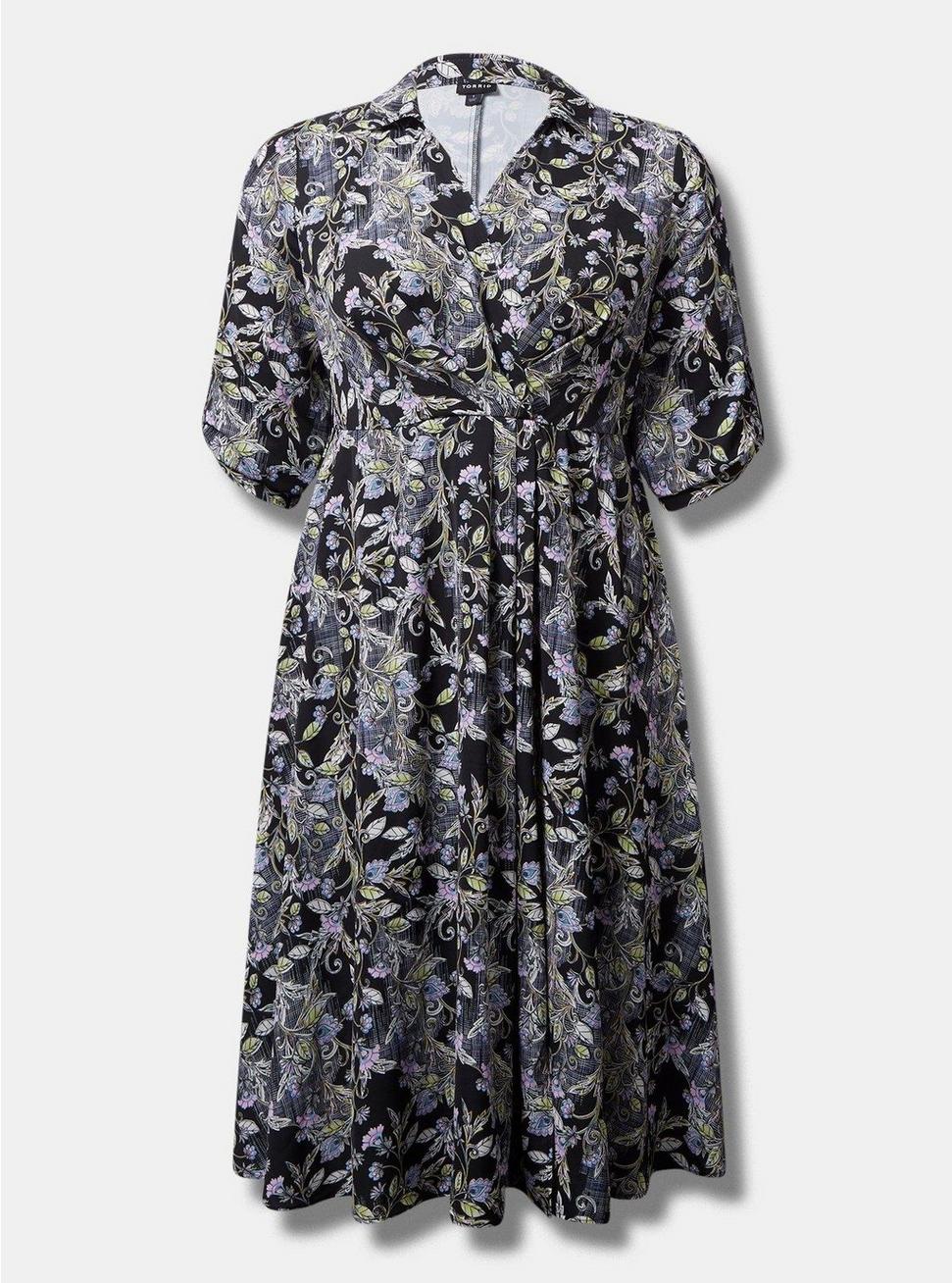 Plus Size Midi Studio Crepe De Chine Collared Shirt Dress, FLORAL - BLACK, hi-res