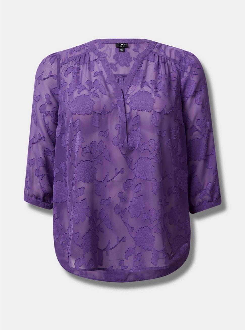 Plus Size Harper Clip Chiffon Pullover 3/4 Sleeve Blouse, PURPLE, hi-res
