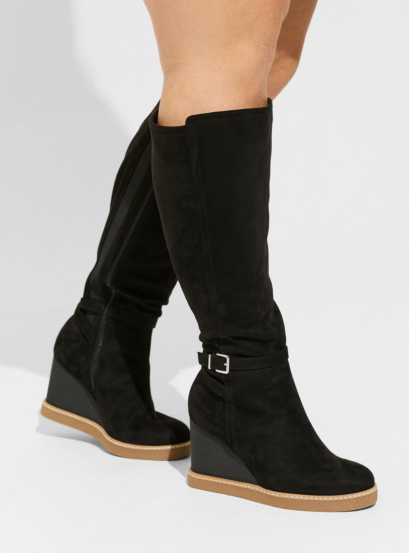 Buckle Wedge Knee Boot (WW), BLACK FAUX SUEDE, alternate