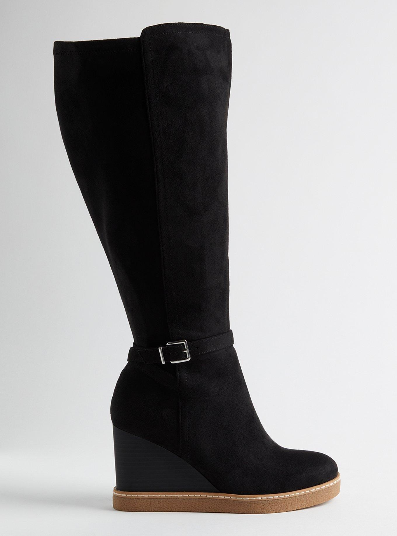 Buckle Wedge Knee Boot (WW), BLACK FAUX SUEDE, alternate