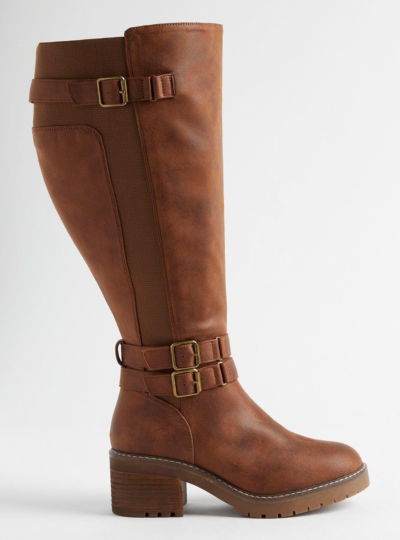 Lug Stacked Heel Buckle Knee Boot (WW