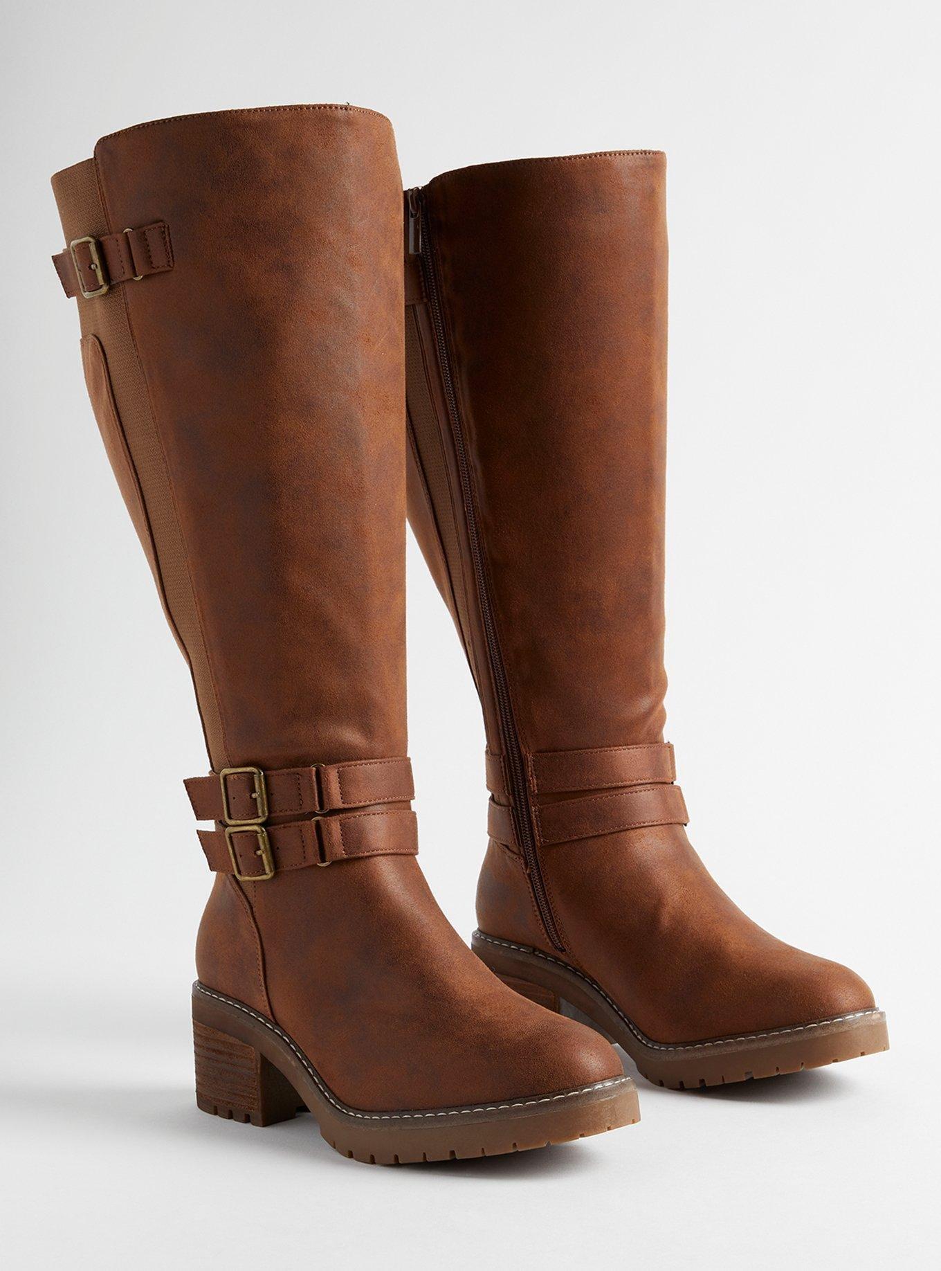 Lug Stacked Heel Buckle Knee Boot (WW