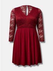 At The Knee Studio Knit Lace Sleeve Fit N Flare Dress, RHUBARB, hi-res