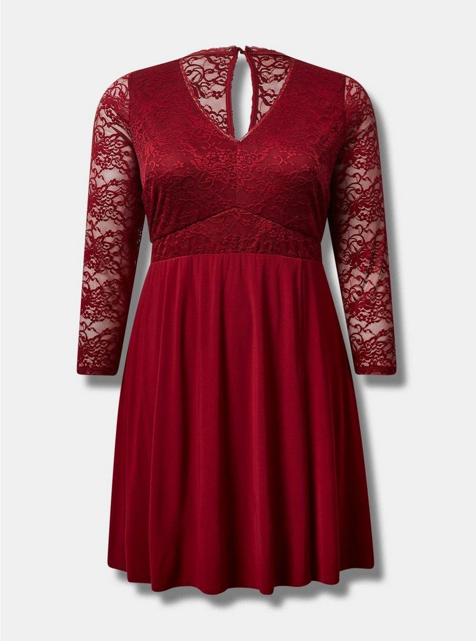 At The Knee Studio Knit Lace Sleeve Fit N Flare Dress, RHUBARB, hi-res