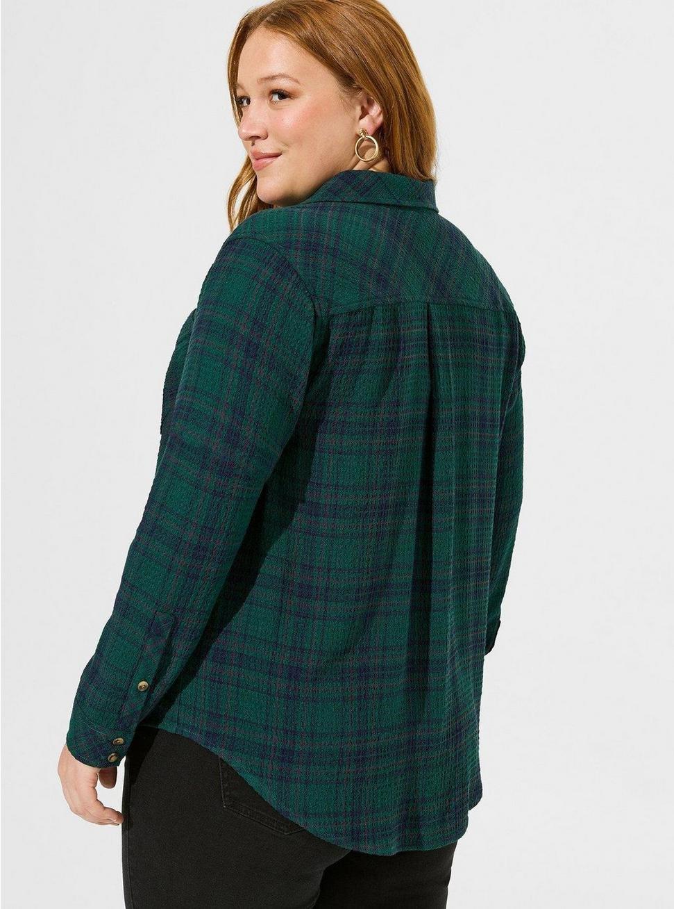 Plus Size Lizzie Crinkle Flannel Gauze Button Up Top, GREEN PLAID, alternate
