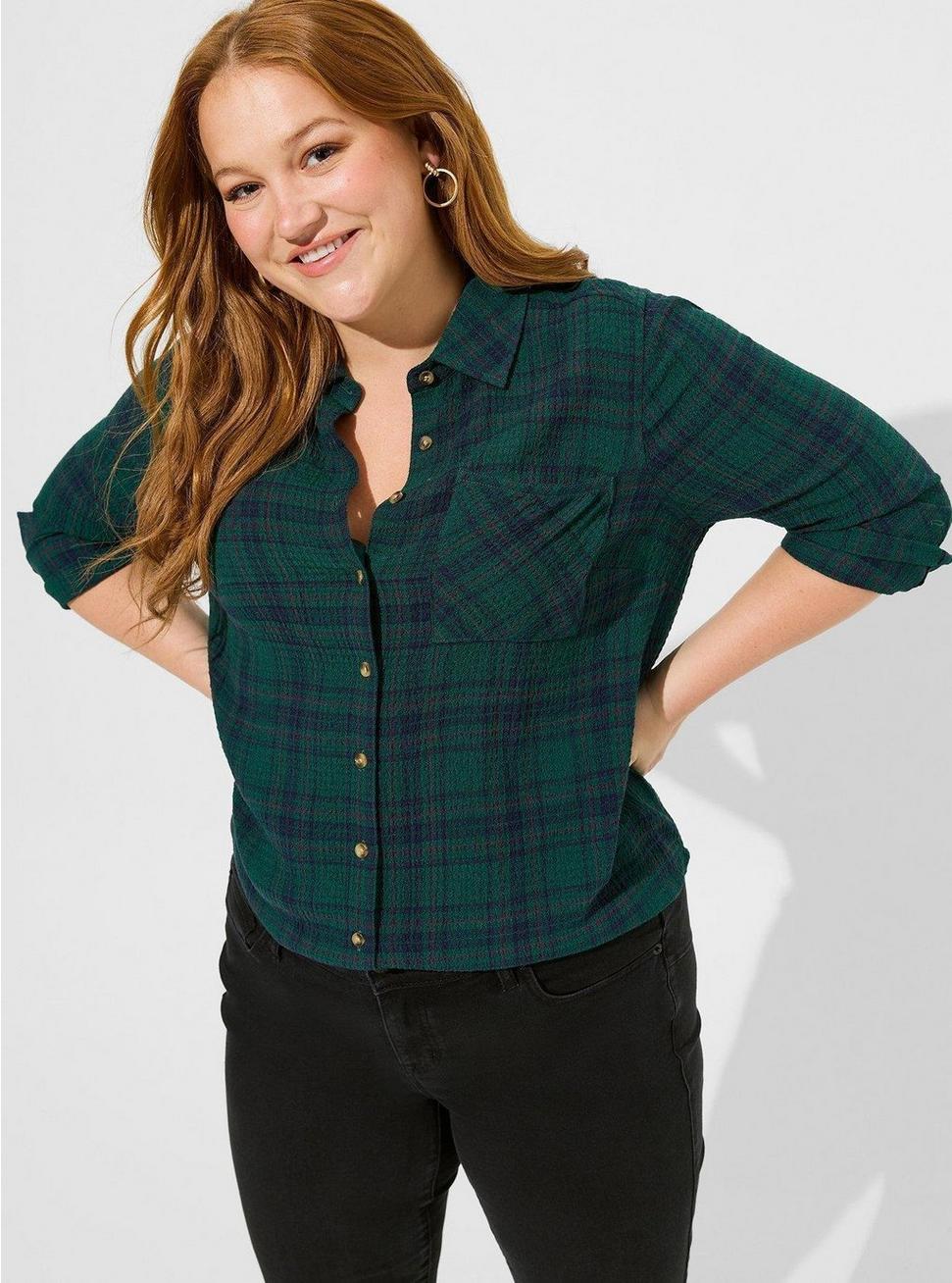Plus Size Lizzie Crinkle Flannel Gauze Button Up Top, GREEN PLAID, hi-res