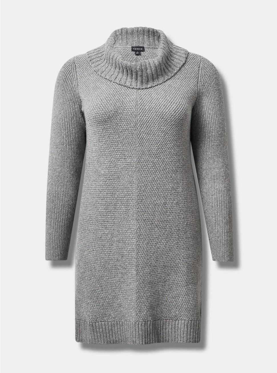 At The Knee Sweater Cowl Neck Dress, HEATHER GREY, hi-res