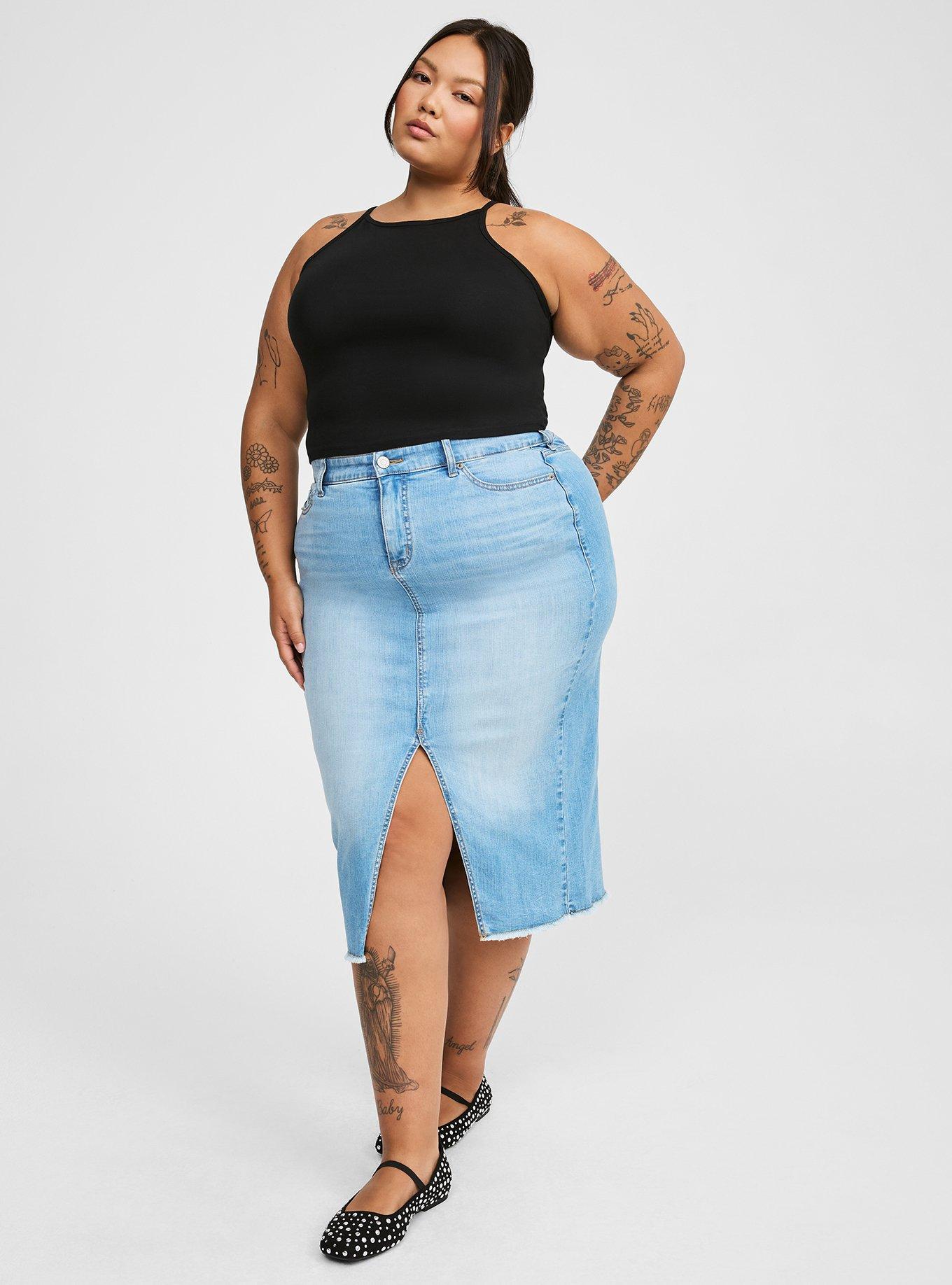 Midi Denim Front Slit Skirt