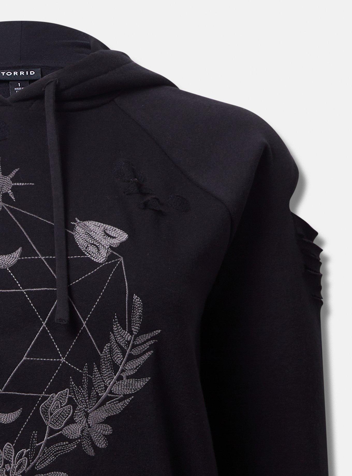 Floral Geo Classic Fit Cozy Fleece Destructed Hoodie, DEEP BLACK, alternate