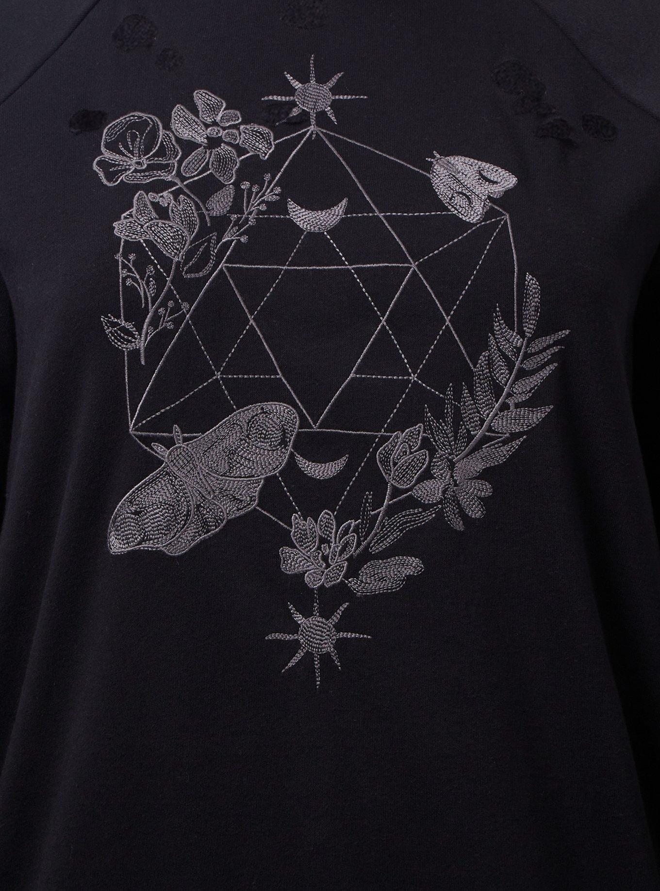 Floral Geo Classic Fit Cozy Fleece Destructed Hoodie, DEEP BLACK, alternate