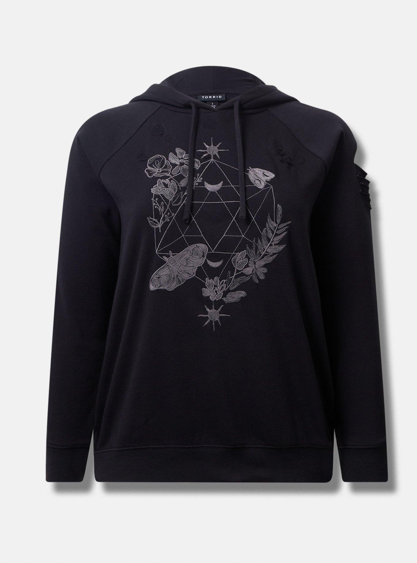 Floral Geo Classic Fit Cozy Fleece Destructed Hoodie, DEEP BLACK, hi-res