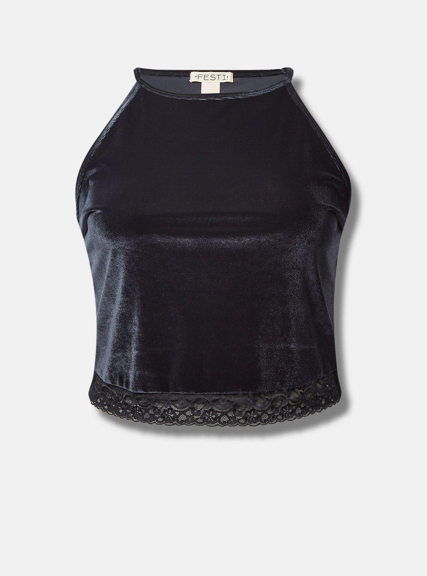 Festi Stretch Velvet Cropped High Neck Lace Trim Cami