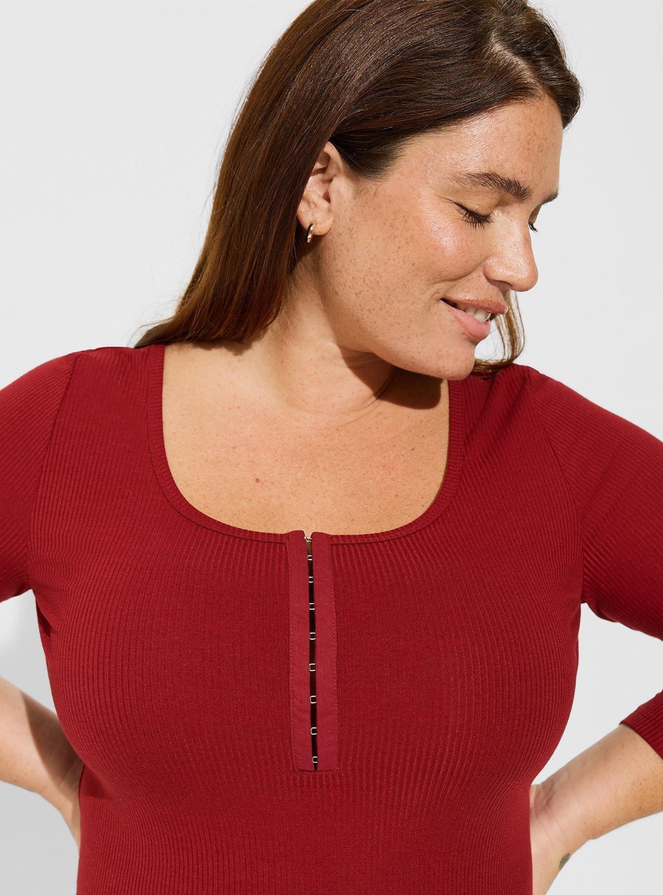 Plus Size - Super Soft Rib Scoop Neck Hook and Eye Long Sleeve Top