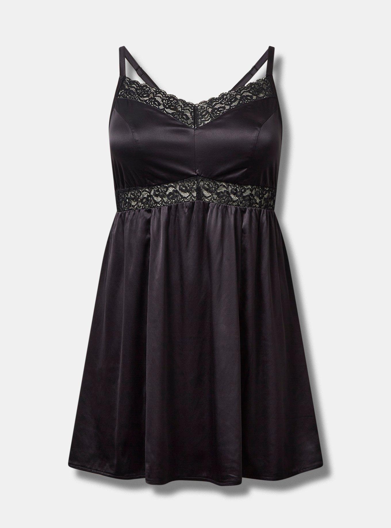 Dream Satin Babydoll Lace Sleep Gown, DEEP BLACK, hi-res