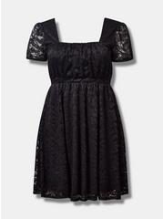 At The Knee Lace Puff Sleeve Dress, DEEP BLACK, hi-res