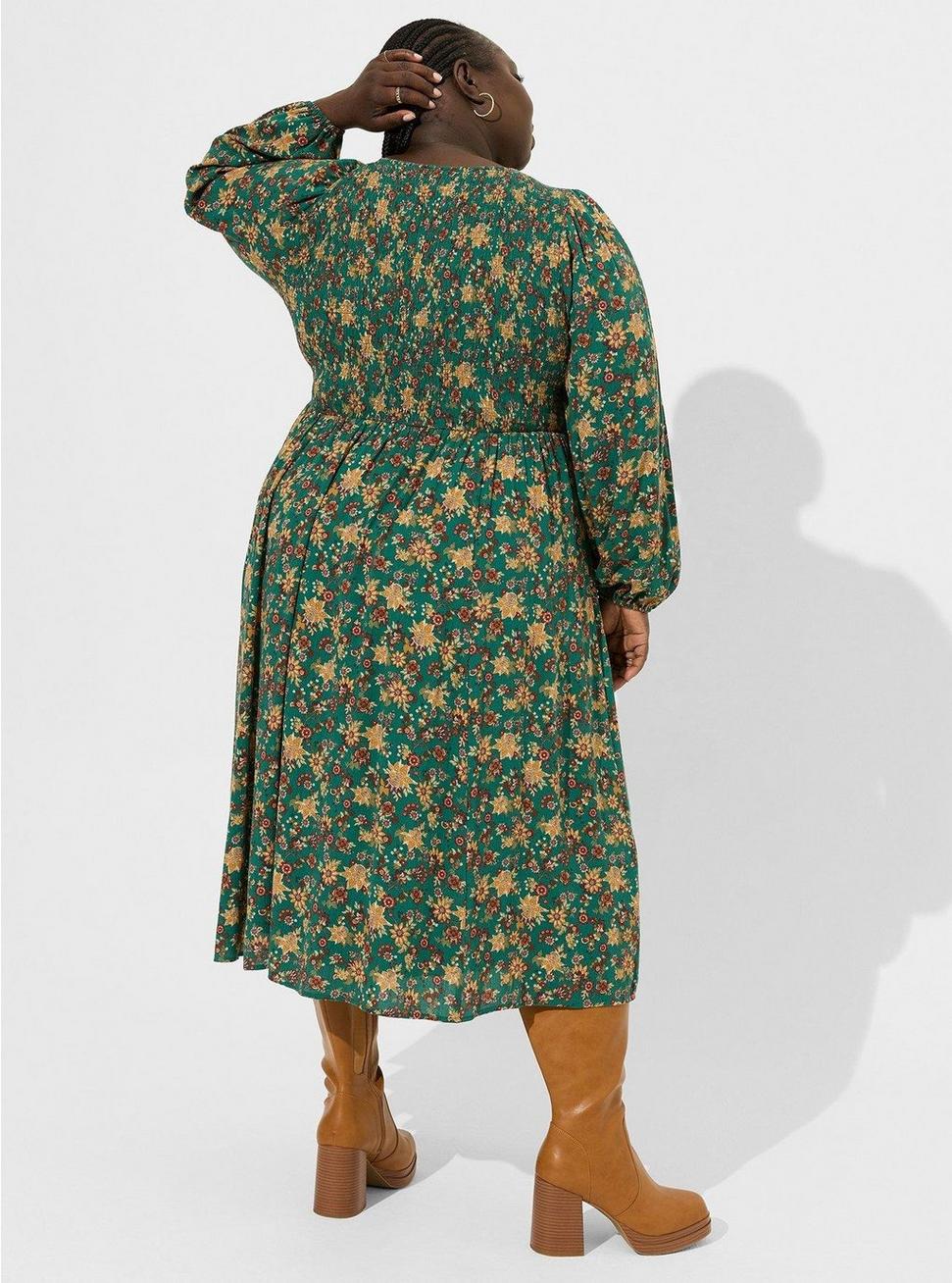 Plus Size Midi Washable Gauze Smocked Bodice Long Sleeve Dress, FLORAL - GREEN, alternate