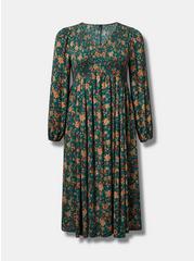 Plus Size Midi Washable Gauze Smocked Bodice Long Sleeve Dress, FLORAL - GREEN, hi-res