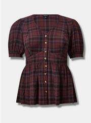 Babydoll Crinkle Flannel Gauze Button Up Short Sleeve Top, BROWN PLAID, hi-res