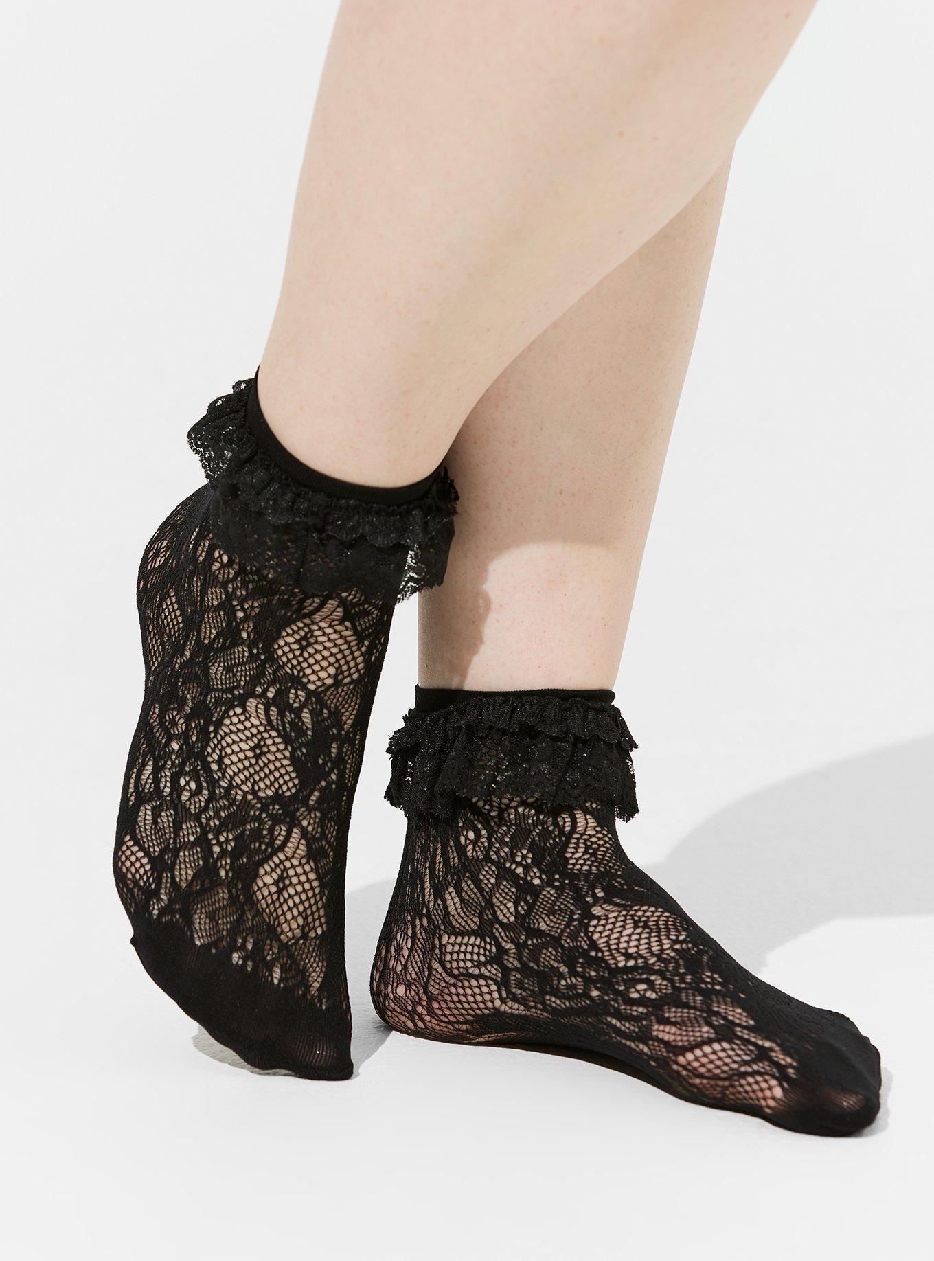Lace Ruffle Ankle Sock, DEEP BLACK, hi-res
