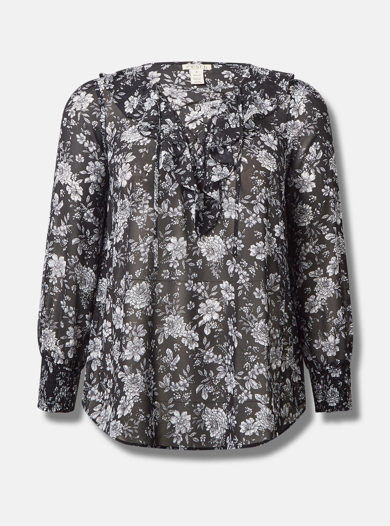Plus Size Festi Crinkle Chiffon Lace Up Tunic Top, FLORAL - BLACK, hi-res