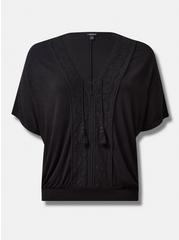 Plus Size Textured Jersey V-Neck Lace Up Banded Dolman Top, DEEP BLACK, hi-res