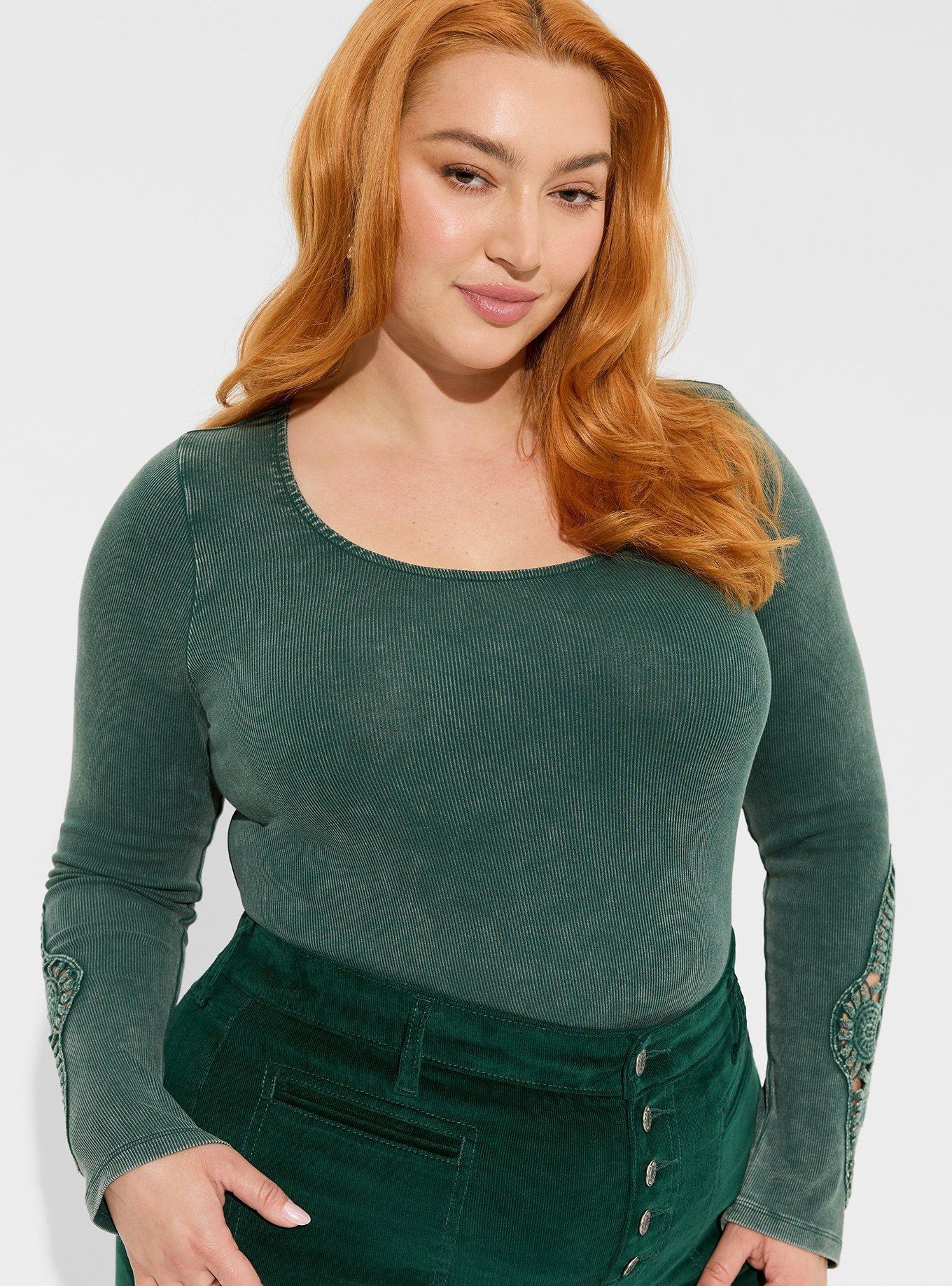 Plus Size - Cotton Modal Rib Lace V-Neck Long Sleeve Henley Top - Torrid