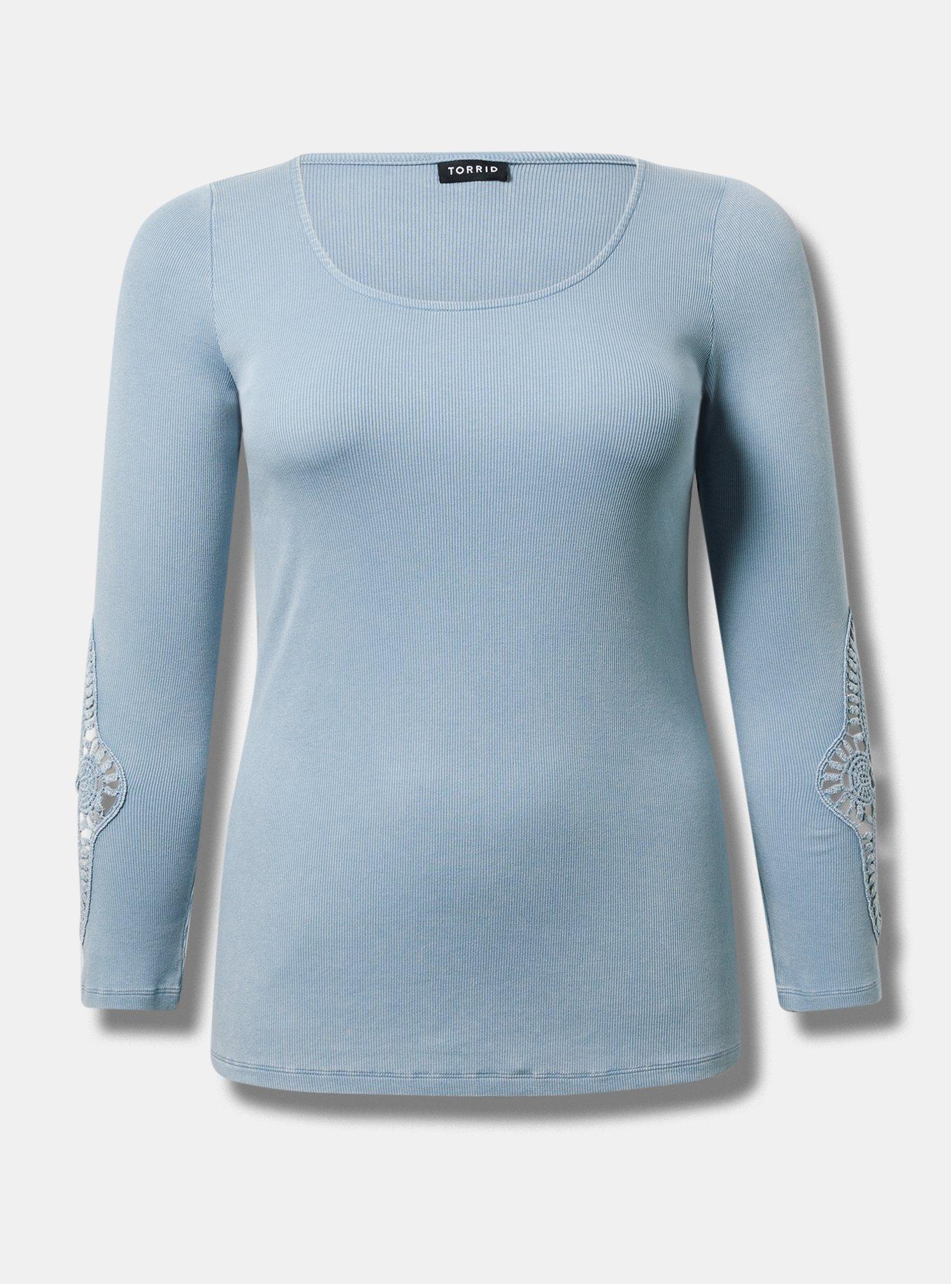 Cotton Modal Rib Scoop Neck Crochet Long Sleeve Top