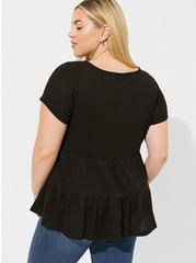 Plus Size Waffle Crew Neck Tiered Relaxed Top, DEEP BLACK, alternate