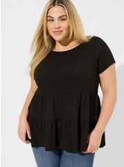 Plus Size Waffle Crew Neck Tiered Relaxed Top, DEEP BLACK, hi-res