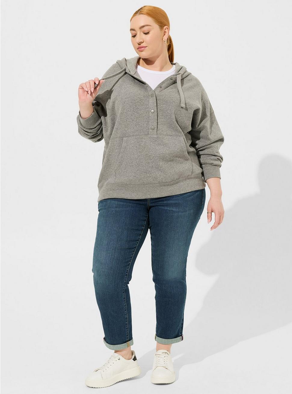 Plus Size Cozy Fleece Snap Front Relaxed Hoodie, HEATHER GREY, alternate