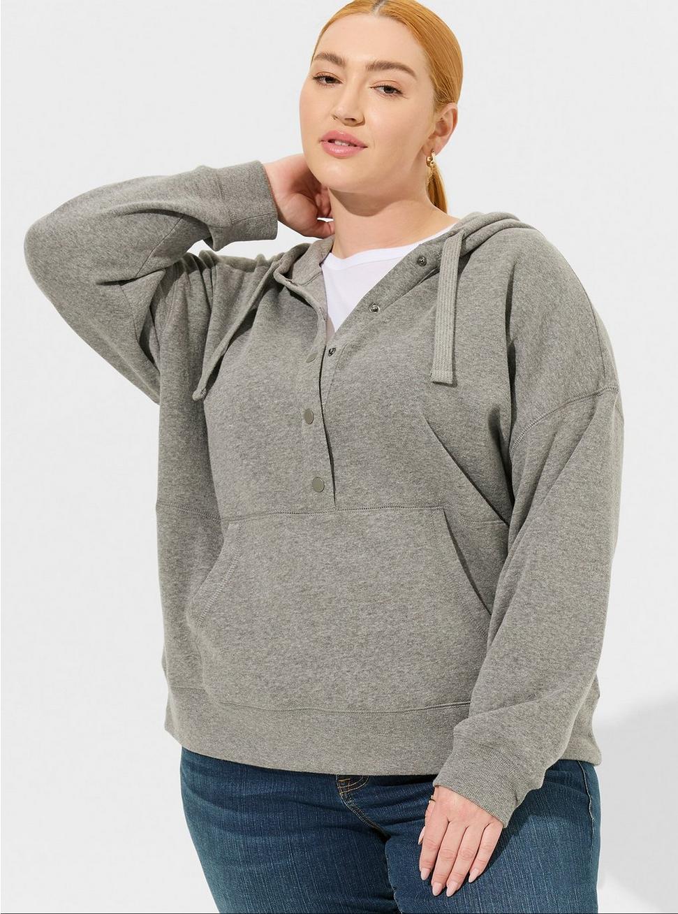 Plus Size Cozy Fleece Snap Front Relaxed Hoodie, HEATHER GREY, hi-res