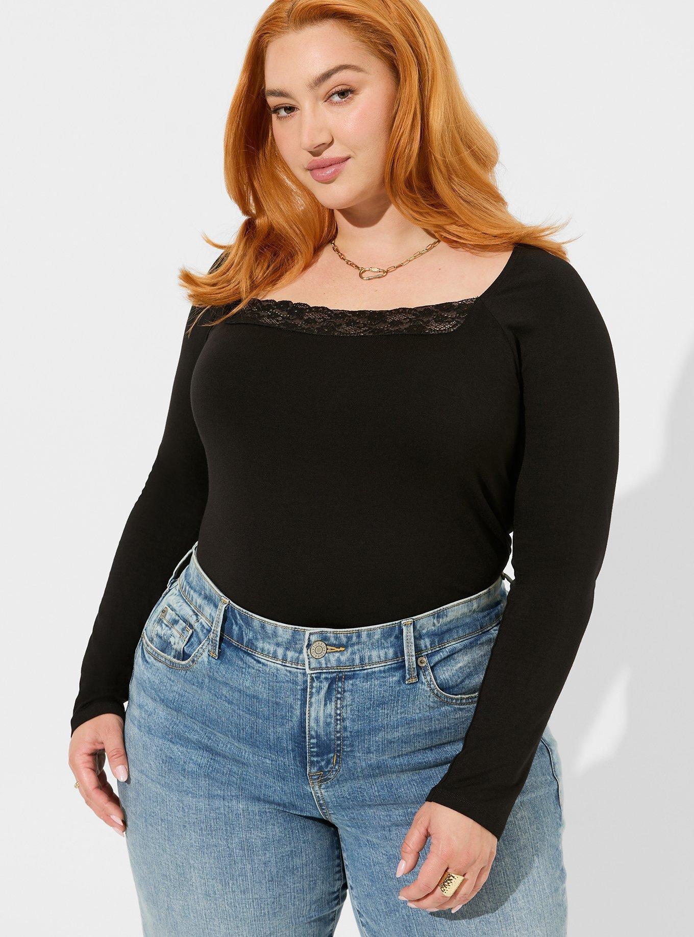 Super Soft Lace Inset Long Sleeve Top, DEEP BLACK, hi-res