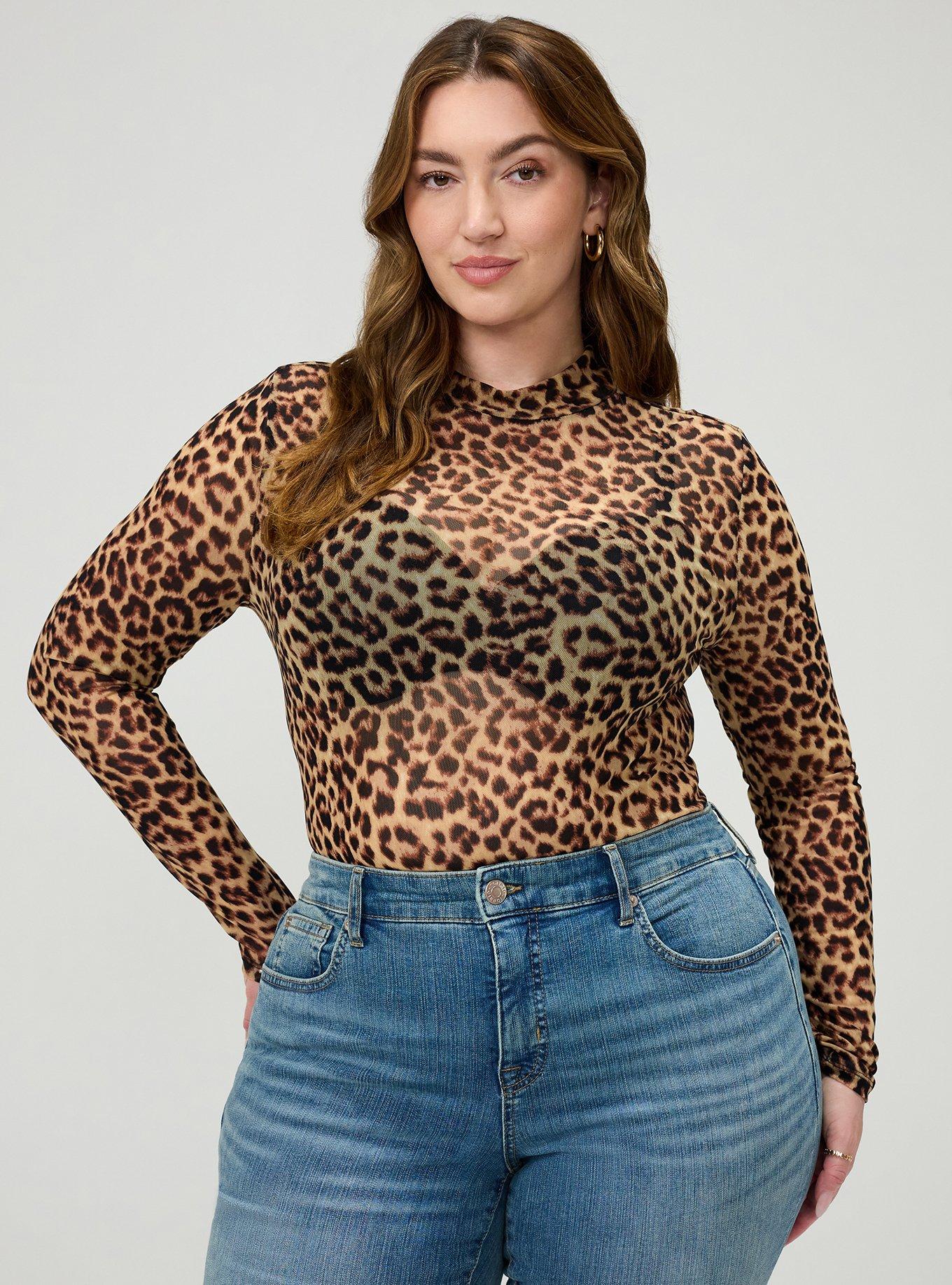 Plus Size Mesh Mock Neck Long Sleeve Top, ON THE PROWL LEOPARD MULTI, alternate