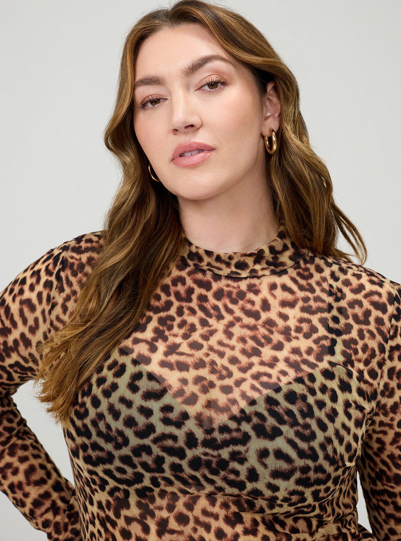 Plus Size Mesh Mock Neck Long Sleeve Top, ON THE PROWL LEOPARD MULTI, alternate