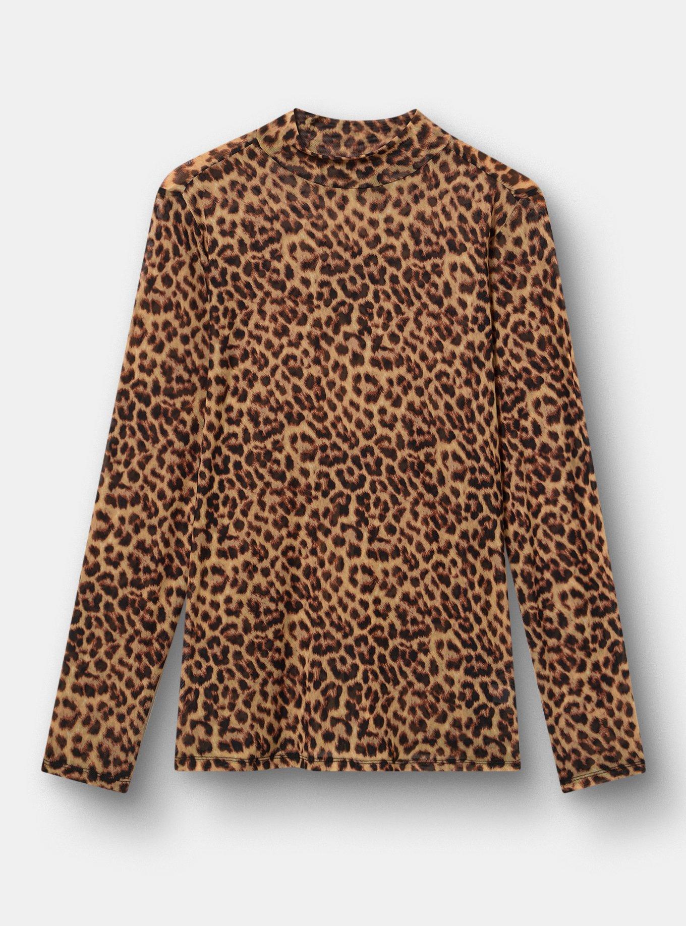 Plus Size Mesh Mock Neck Long Sleeve Top, ON THE PROWL LEOPARD MULTI, hi-res