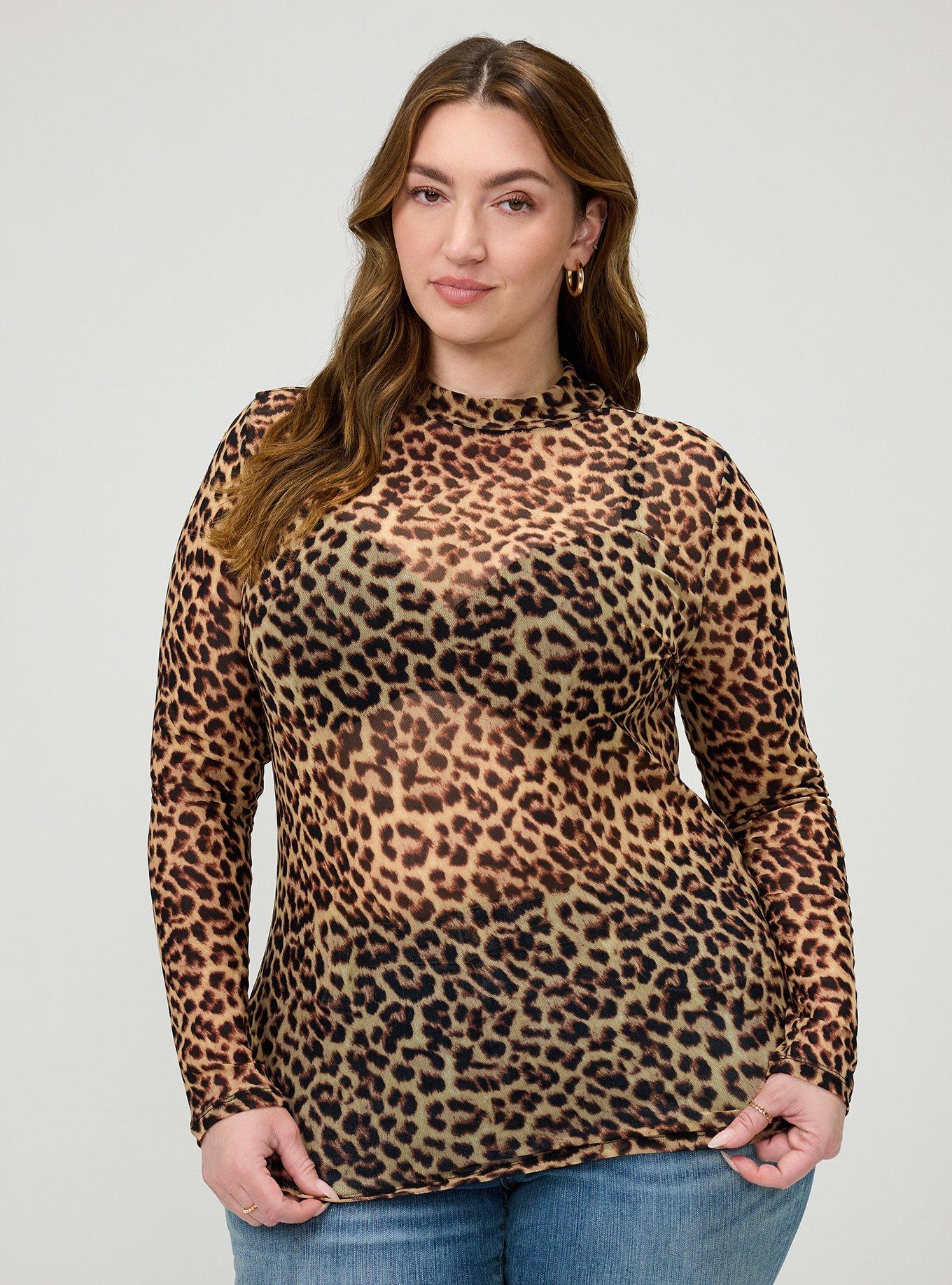 Plus Size Mesh Mock Neck Long Sleeve Top, ON THE PROWL LEOPARD MULTI, hi-res