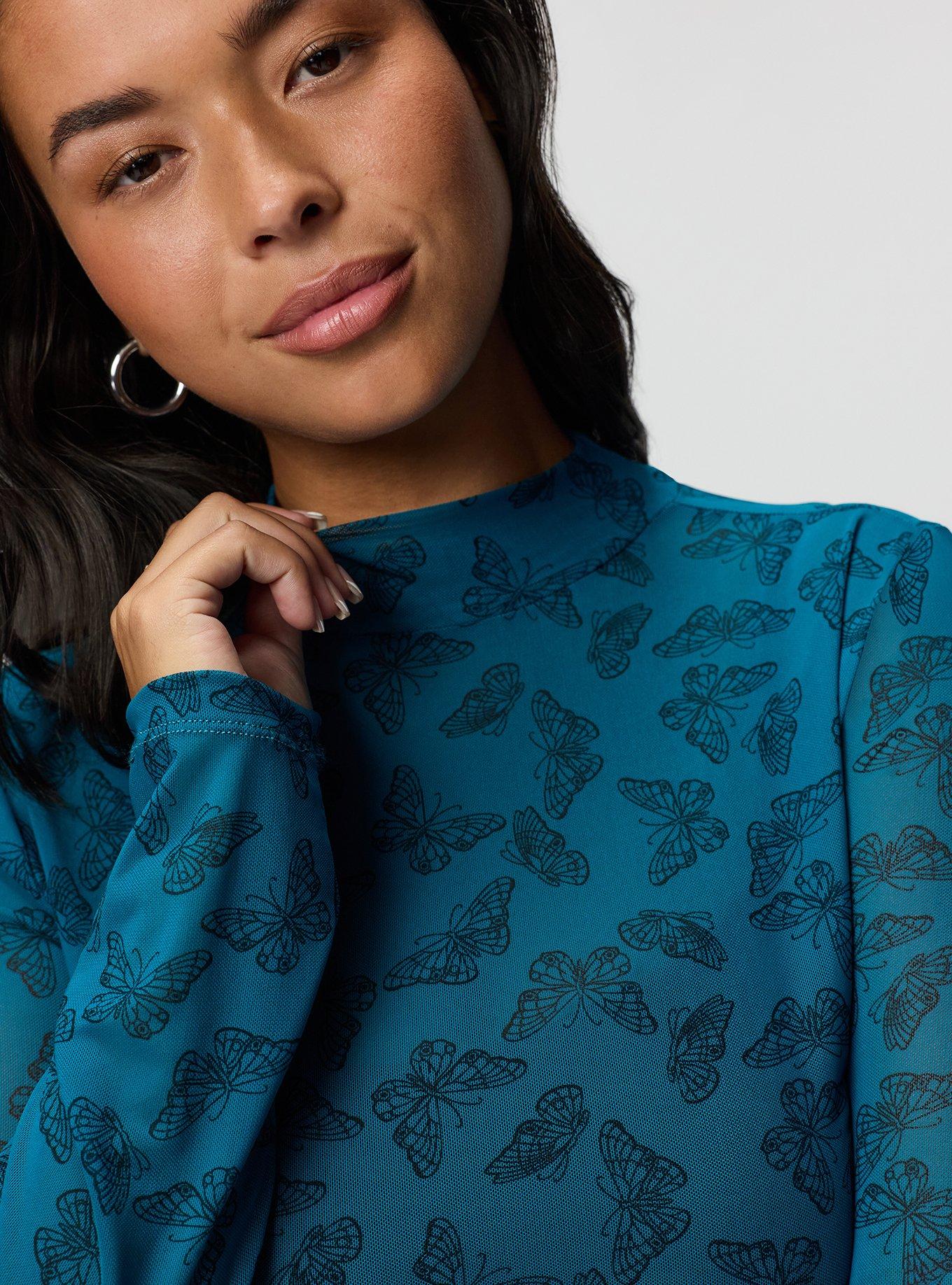 Plus Size Mesh Mock Neck Long Sleeve Top, DELICATE BUTTERFLIES TEAL, alternate