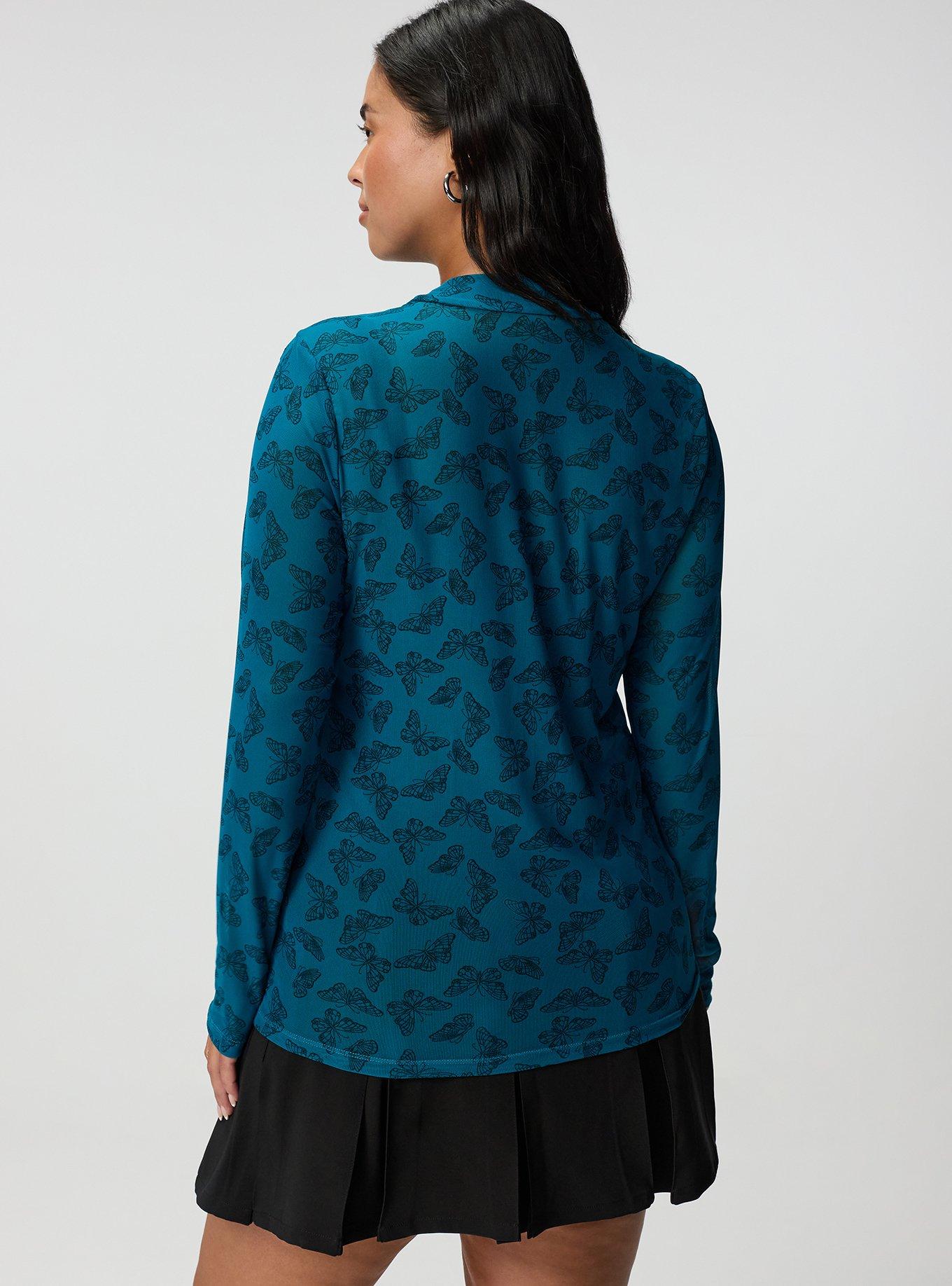 Plus Size Mesh Mock Neck Long Sleeve Top, DELICATE BUTTERFLIES TEAL, alternate