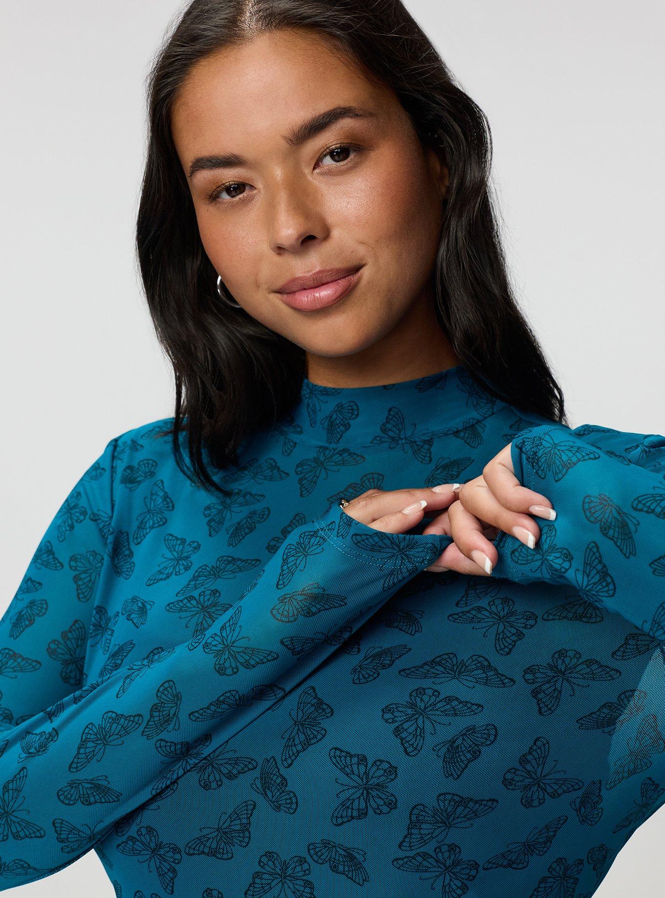 Plus Size Mesh Mock Neck Long Sleeve Top, DELICATE BUTTERFLIES TEAL, alternate