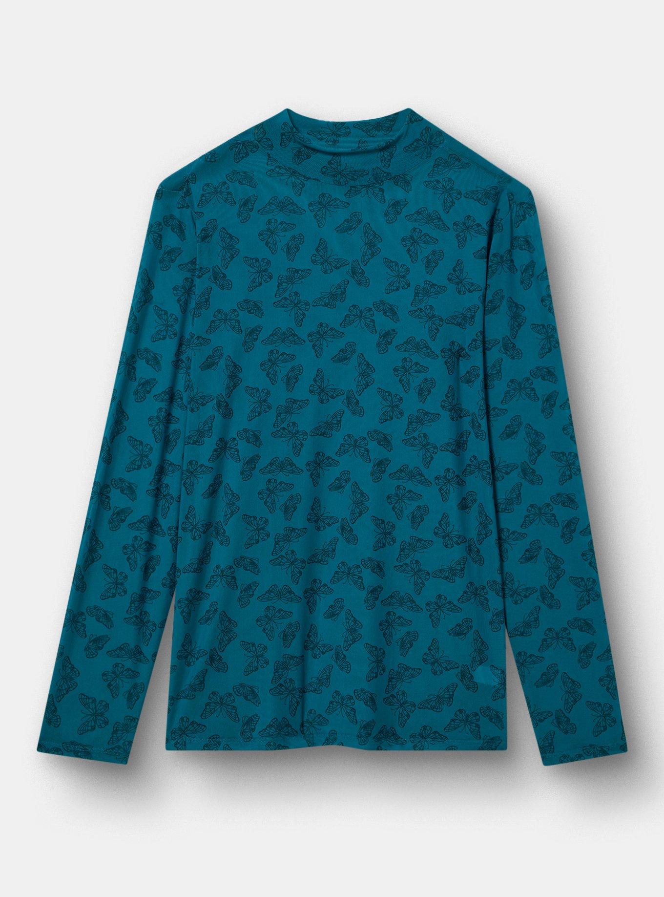 Plus Size Mesh Mock Neck Long Sleeve Top, DELICATE BUTTERFLIES TEAL, flat