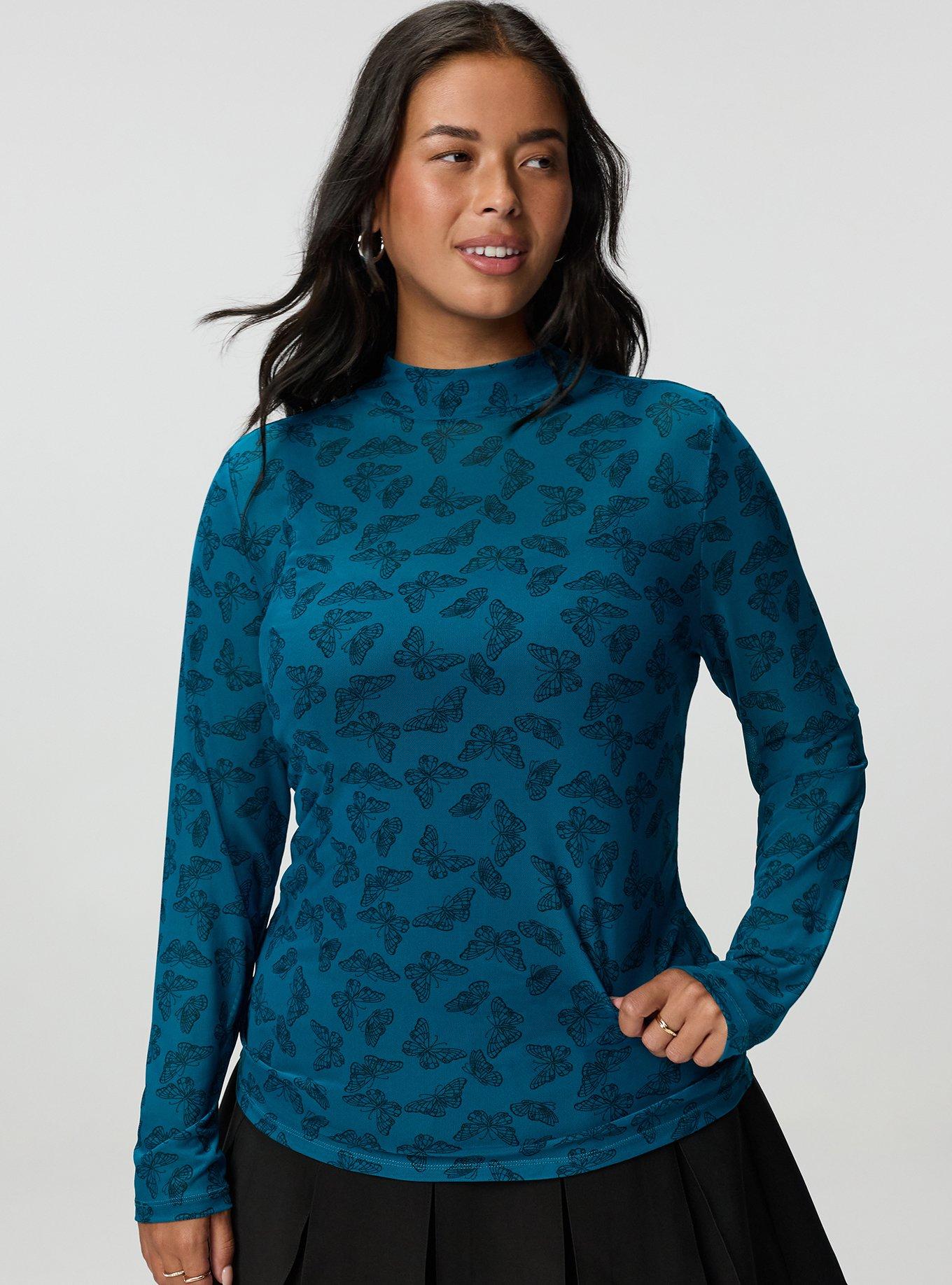 Plus Size Mesh Mock Neck Long Sleeve Top, DELICATE BUTTERFLIES TEAL, hi-res