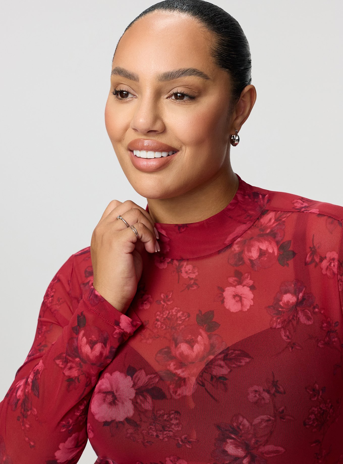 Mesh Mock Neck Long Sleeve Top, ODE FLORAL BURGUNDY, alternate