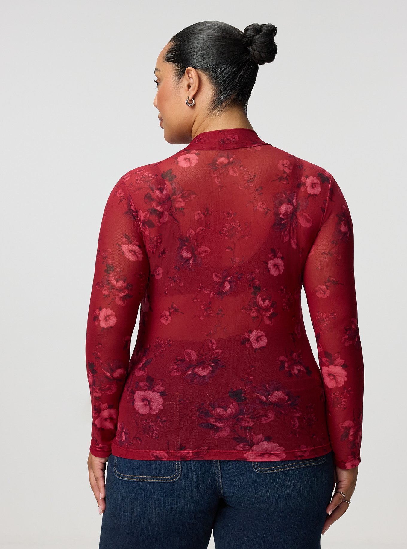 Mesh Mock Neck Long Sleeve Top, ODE FLORAL BURGUNDY, alternate