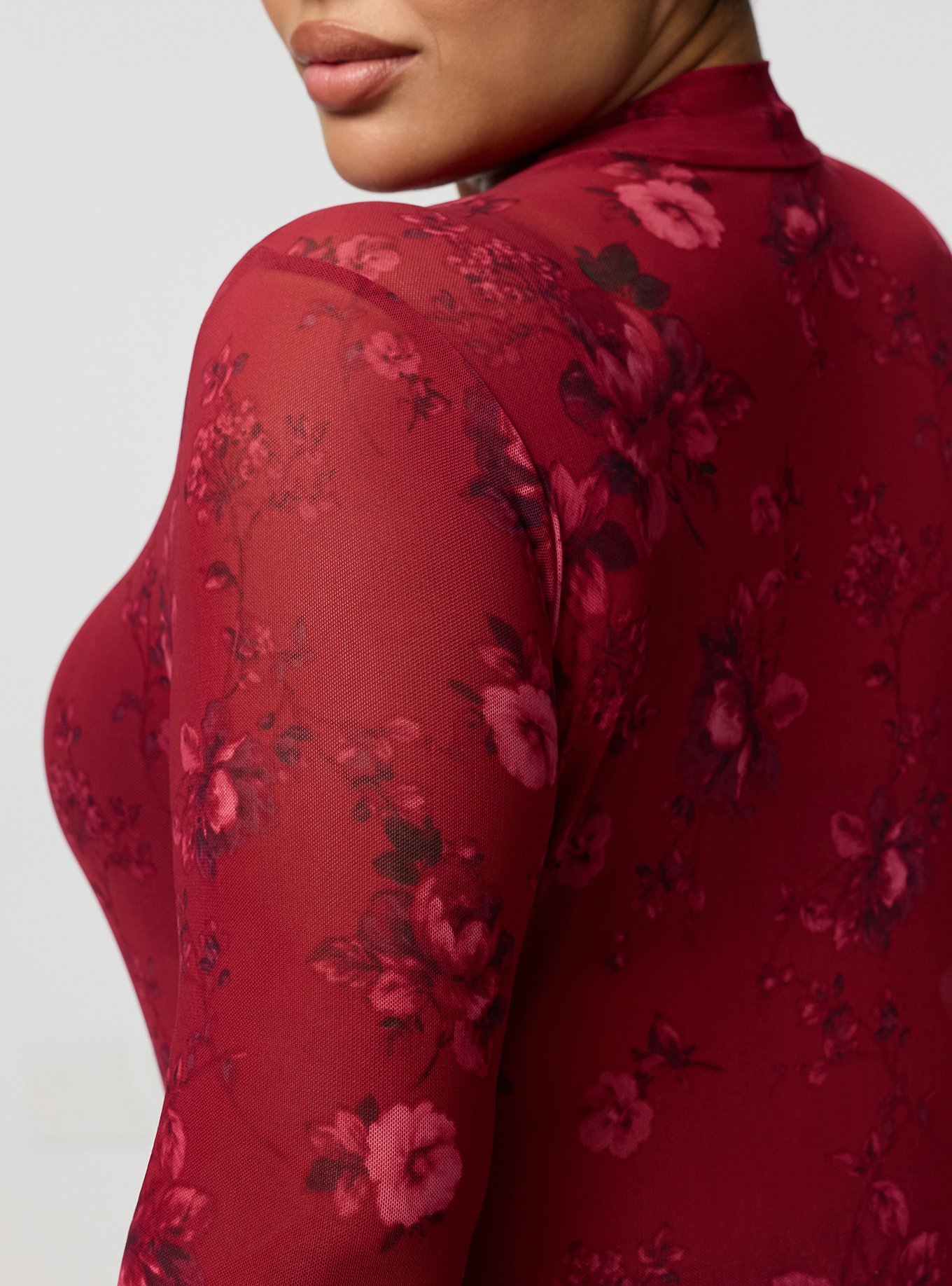 Mesh Mock Neck Long Sleeve Top, ODE FLORAL BURGUNDY, alternate