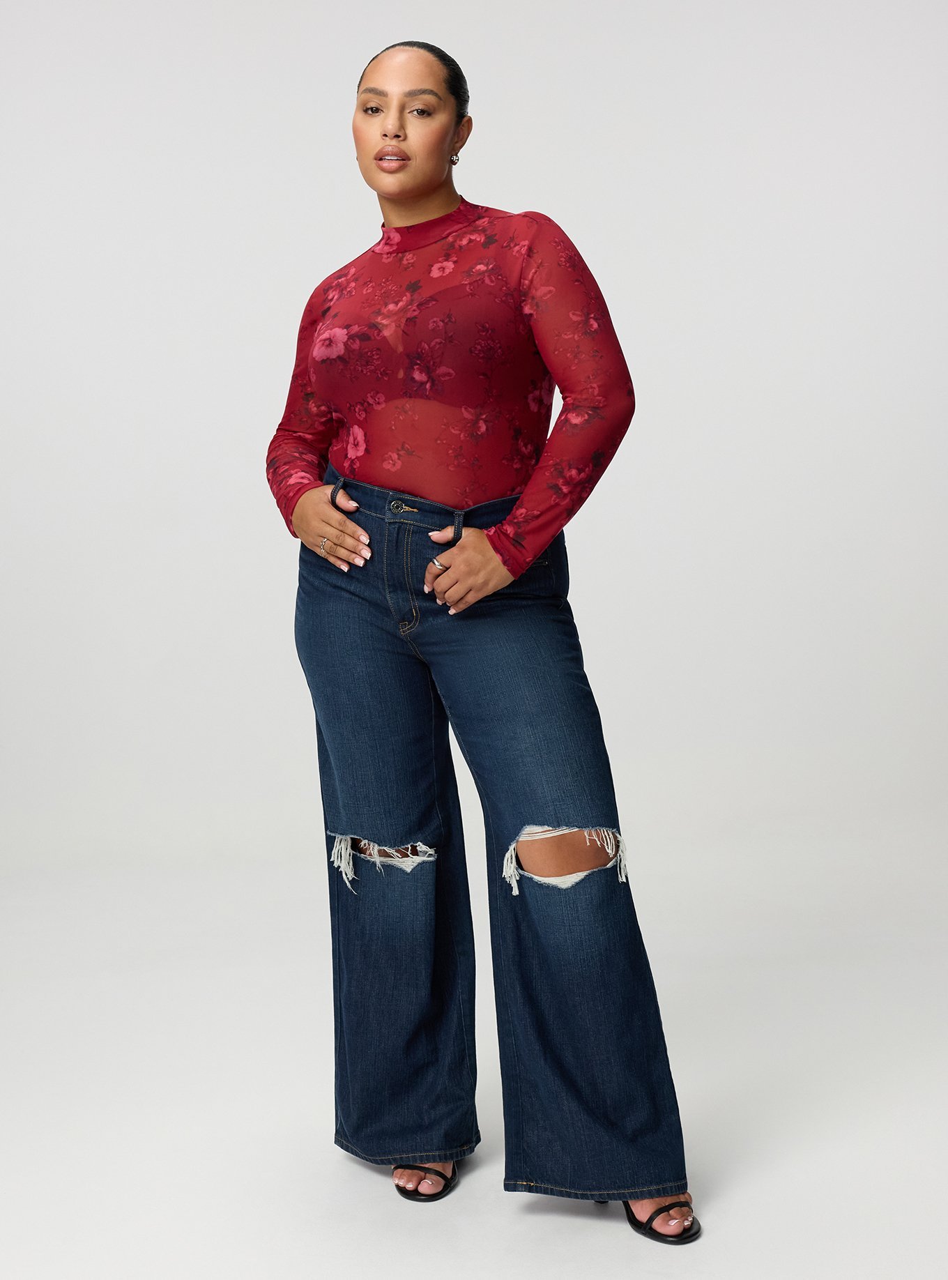 Mesh Mock Neck Long Sleeve Top, ODE FLORAL BURGUNDY, alternate